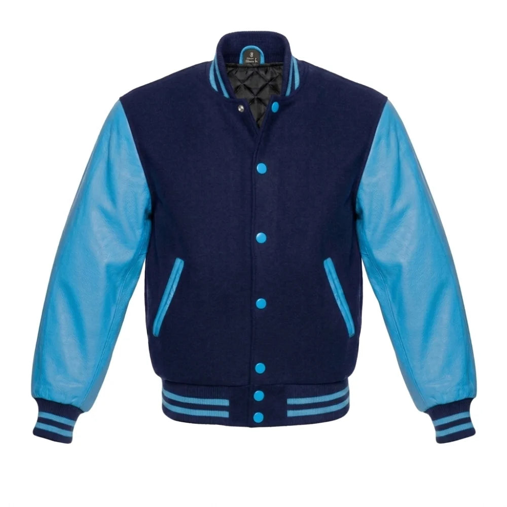 Navy Blue and Sky Blue Varsity Jacket with Wool Body and Leather Sleeves