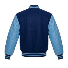 Navy Blue and Sky Blue Varsity Jacket with Wool Body and Leather Sleeves Back Side