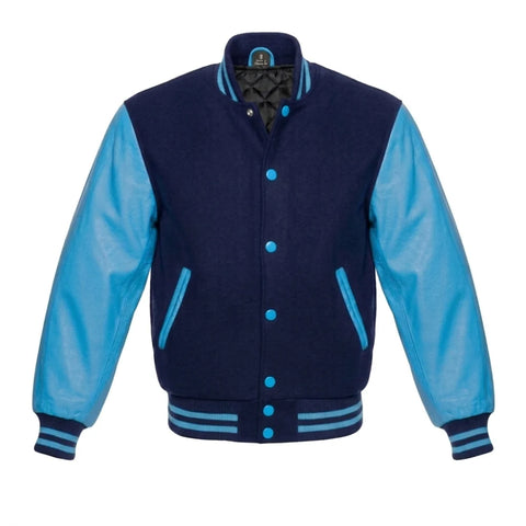 Navy Blue and Sky Blue Varsity Jacket with Wool Body and Leather Sleeves