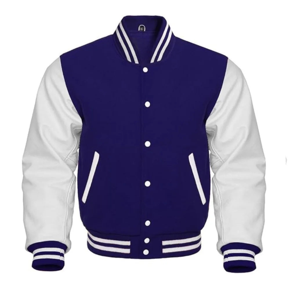 Navy Blue and White Varsity Jacket with Wool Body and Leather Sleeves