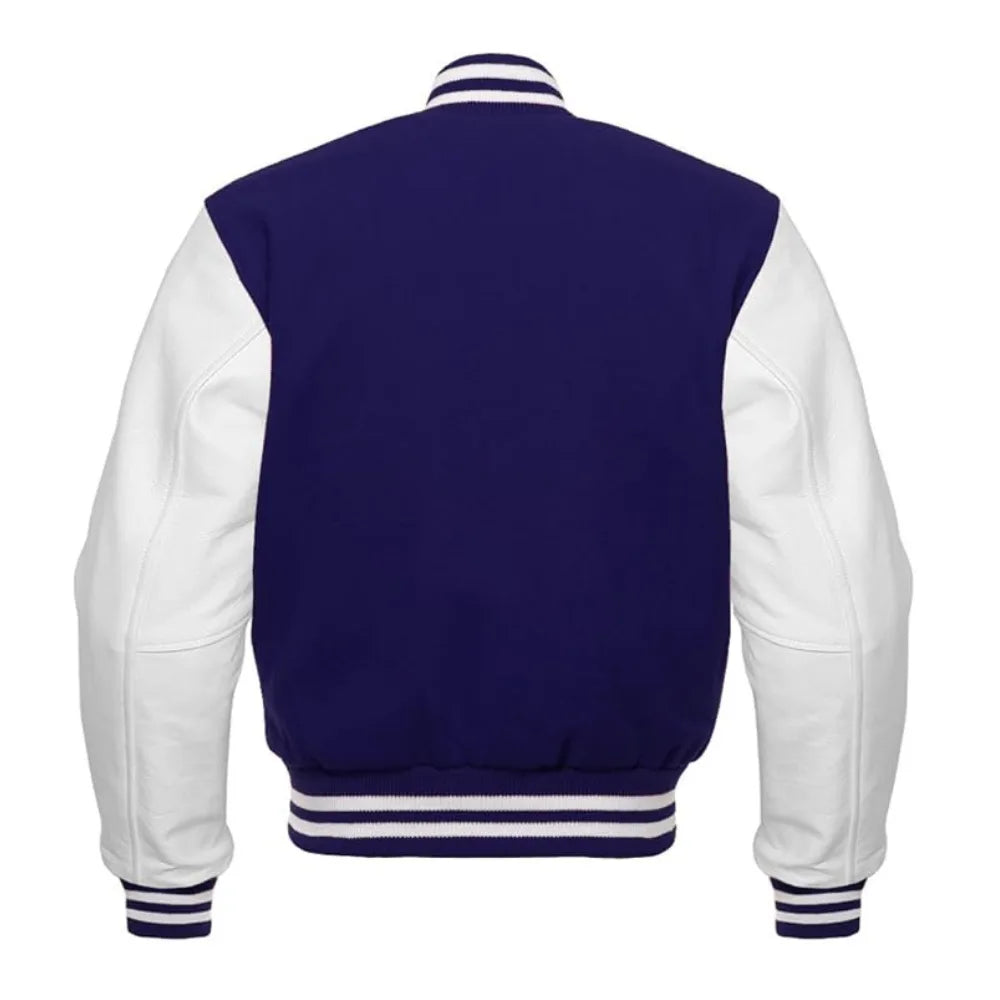 Navy Blue and White Varsity Jacket with Wool Body and Leather Sleeves Back Side