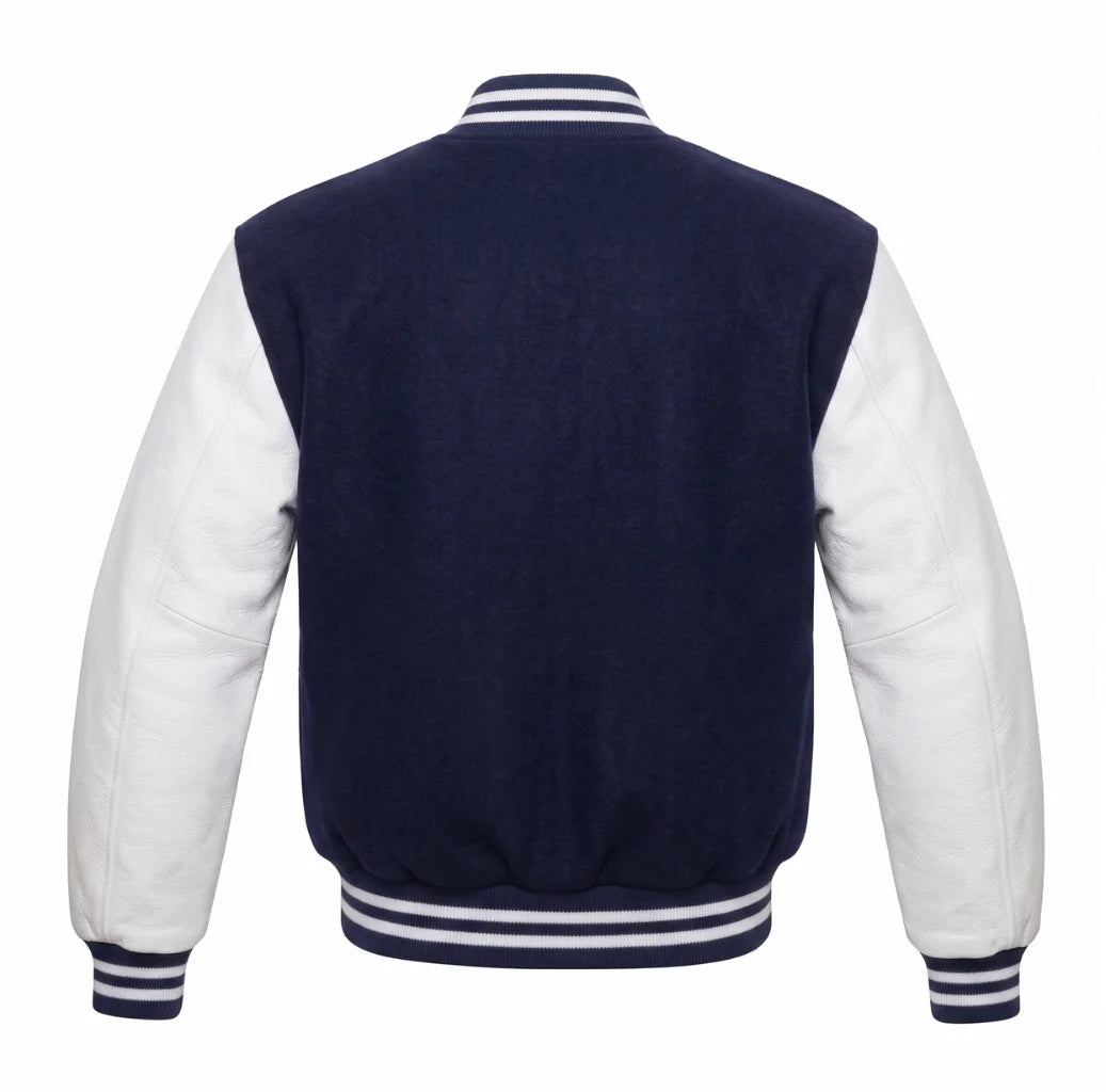 Navy Blue and White Varsity Jacket with Wool Body and Leather Sleeves Back View