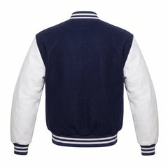Navy Blue and White Varsity Jacket with Wool Body and Leather Sleeves Back View