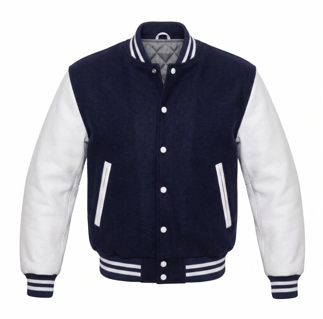 Navy Blue and White Varsity Jacket with Wool Body and Leather Sleeves