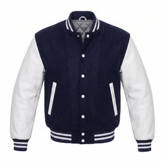 Navy Blue and White Varsity Jacket with Wool Body and Leather Sleeves