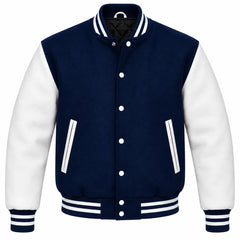 Navy Blue and White Wool Varsity Jacket