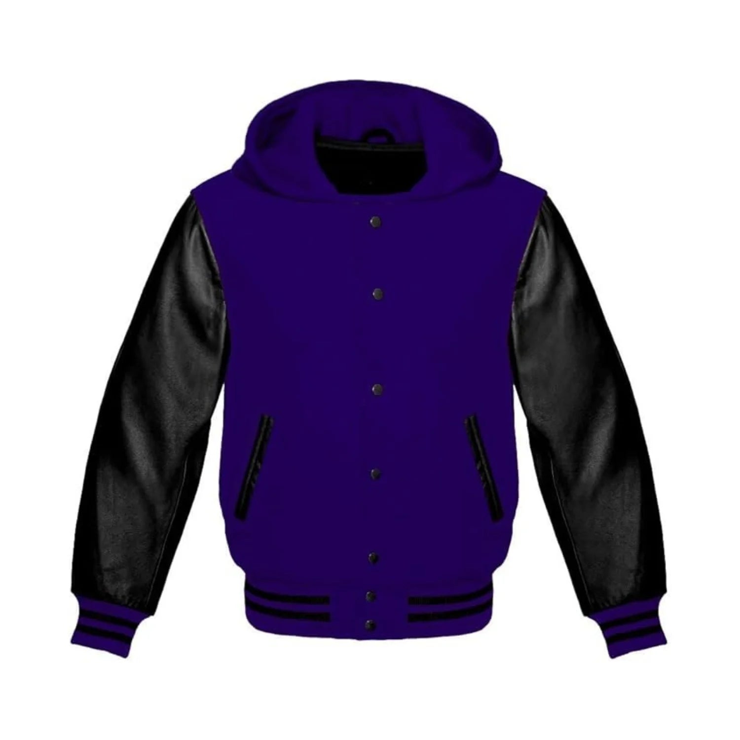 Navy Wool and Black Leather Hooded Varsity Jacket