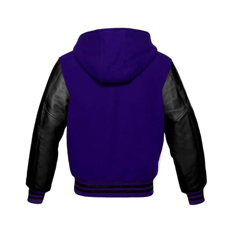 Navy Wool and Black Leather Hooded Varsity Jacket Back Side