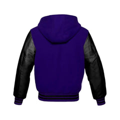 Navy Wool and Black Leather Hooded Varsity Jacket Back Side