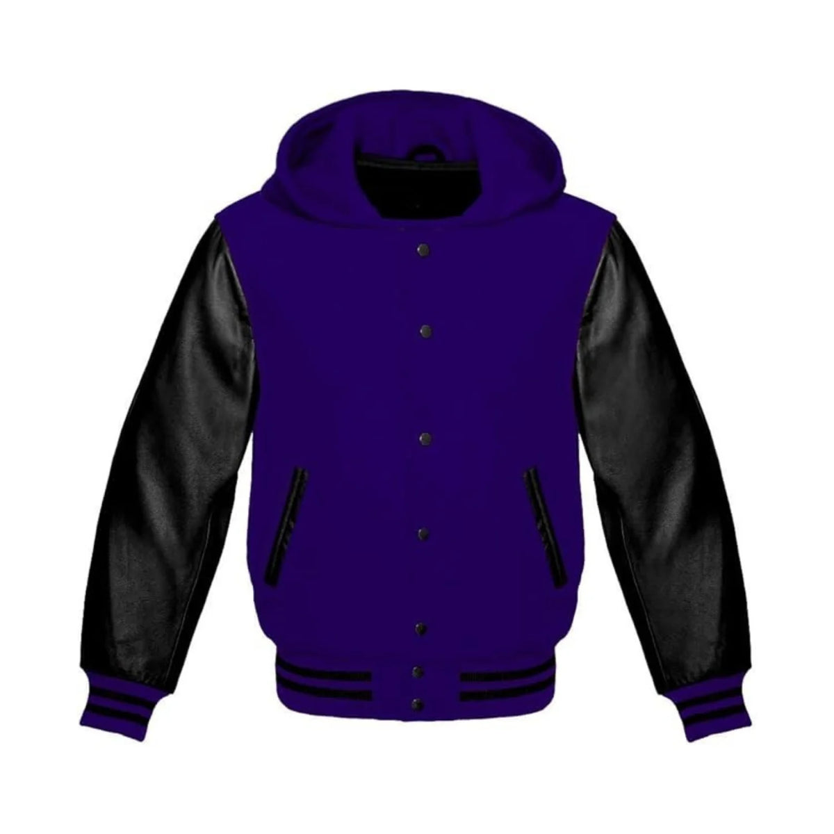 Navy Wool and Black Leather Hooded Varsity Jacket