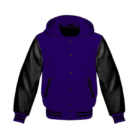 Navy Wool and Black Leather Hooded Varsity Jacket
