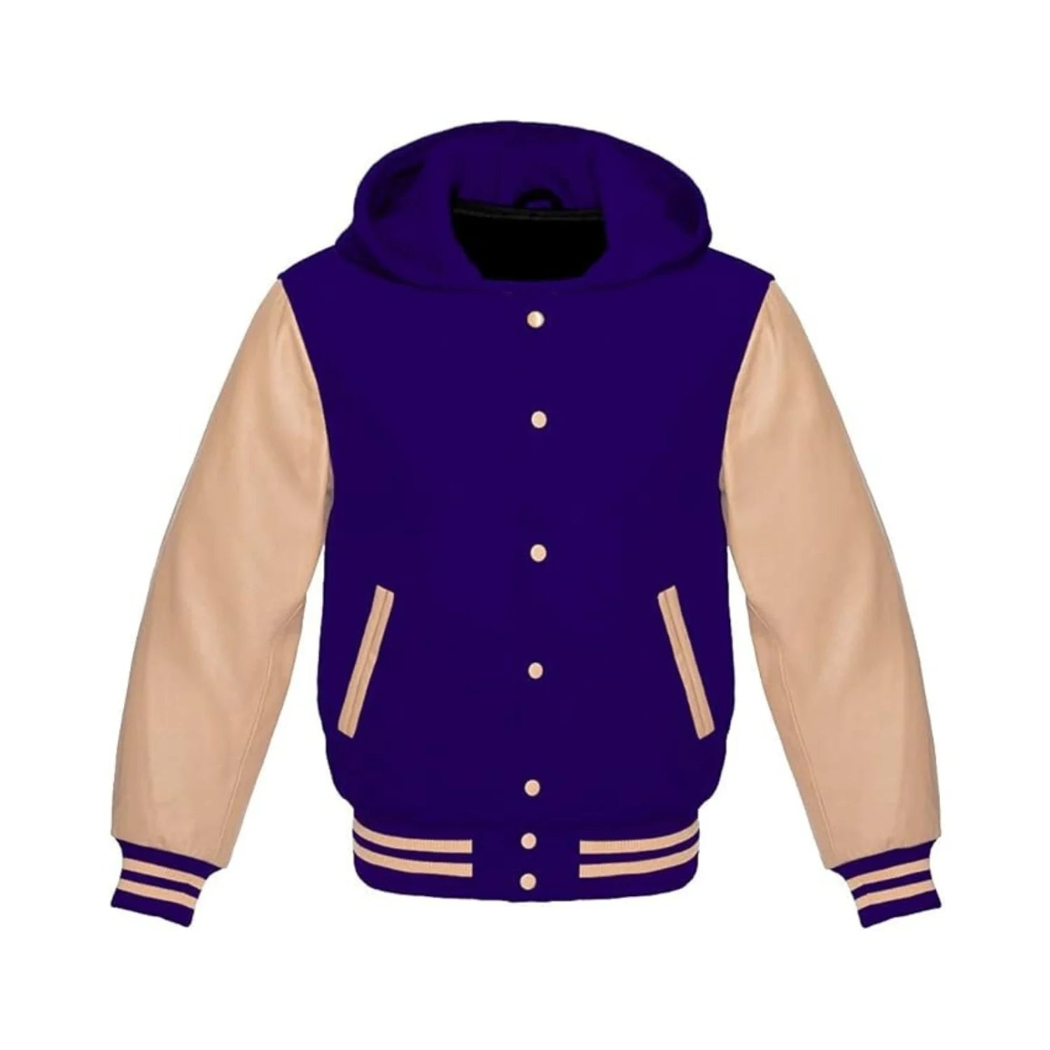 Navy Wool and Cream Leather Hooded Varsity Jacket
