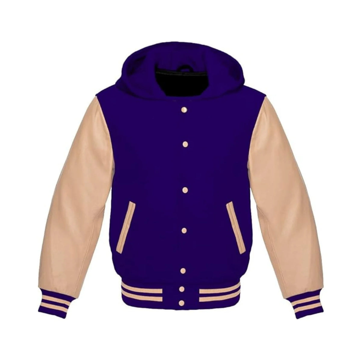 Navy Wool and Cream Leather Hooded Varsity Jacket
