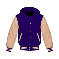Navy Wool and Cream Leather Hooded Varsity Jacket