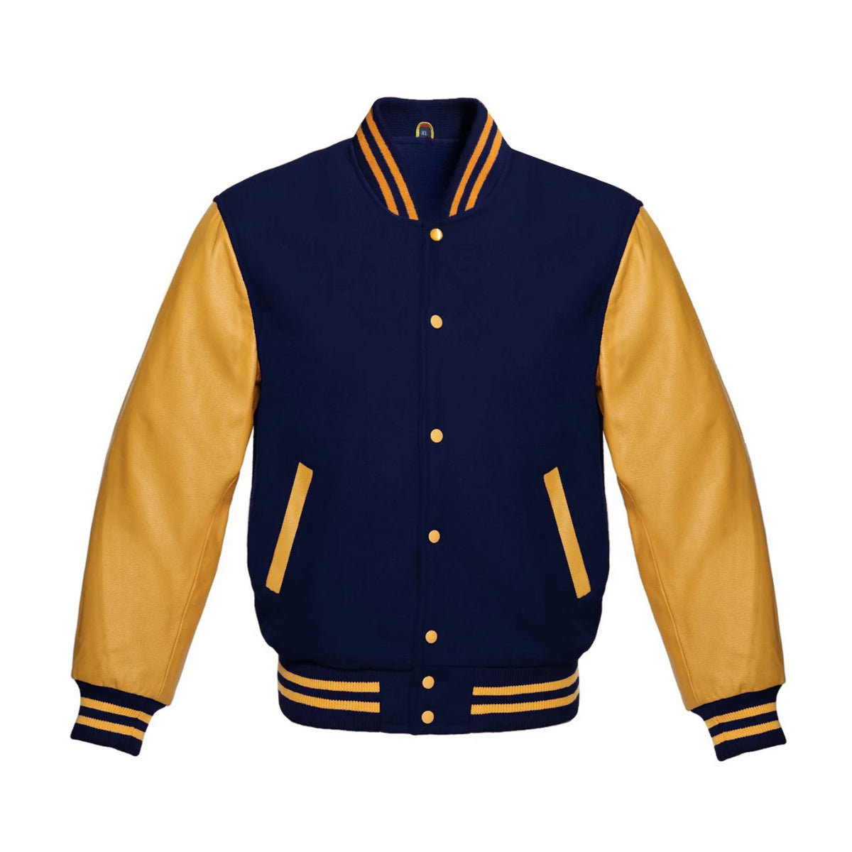 Navy Wool and Gold Leather Varsity Jacket