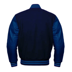 Navy Varsity Jacket with Wool Body and Leather Sleeves Back Side