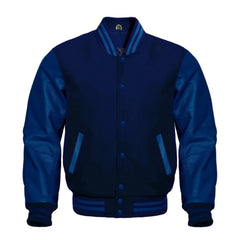 Navy Varsity Jacket with Wool Body and Leather Sleeves