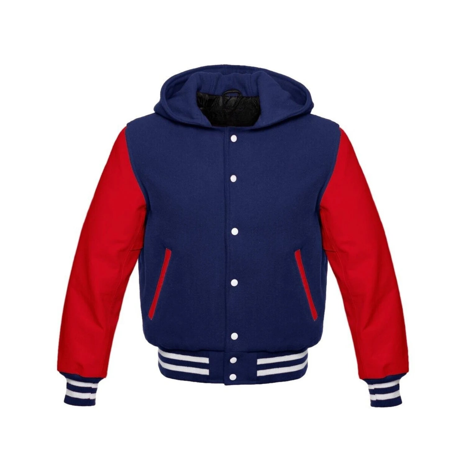 Navy Wool and Red Leather Hooded Varsity Jacket