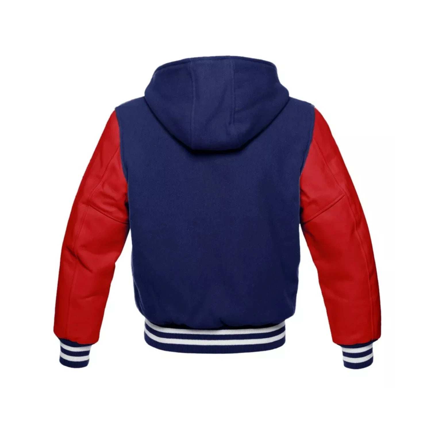 Navy Wool and Red Leather Hooded Varsity Jacket Back Side