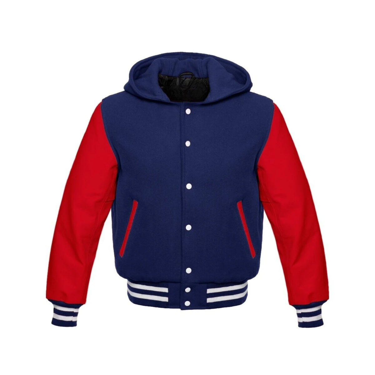 Navy Wool and Red Leather Hooded Varsity Jacket