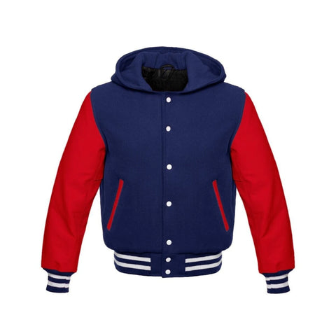 Navy Wool and Red Leather Hooded Varsity Jacket