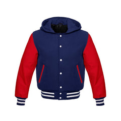 Navy Wool and Red Leather Hooded Varsity Jacket
