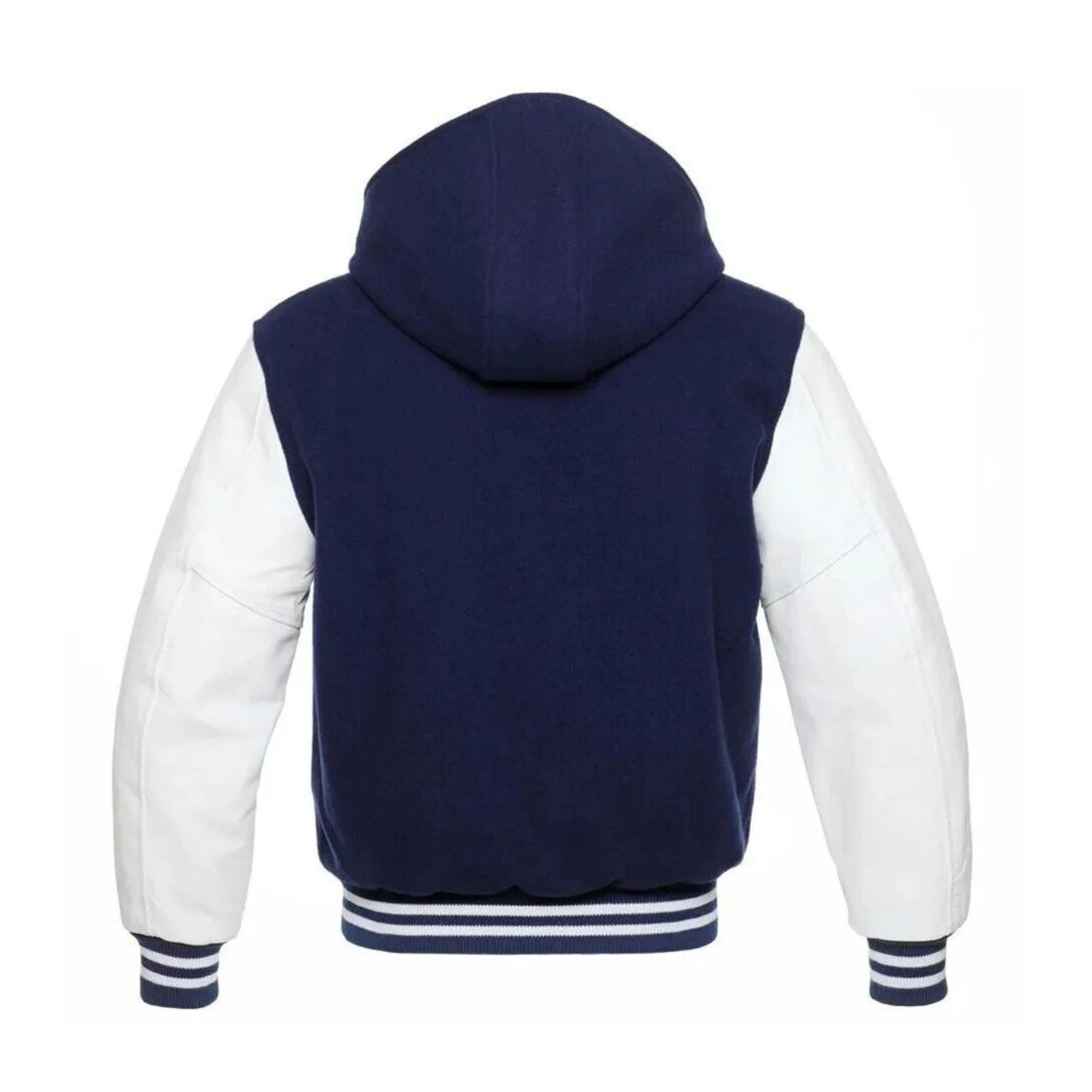 Navy Wool and White Leather Hooded Varsity Jacket Back Side
