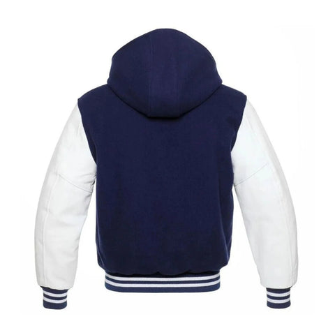 Navy Wool and White Leather Hooded Varsity Jacket Back Side