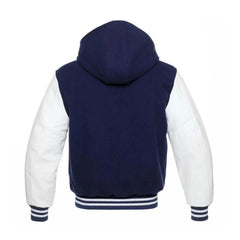 Navy Wool and White Leather Hooded Varsity Jacket Back Side