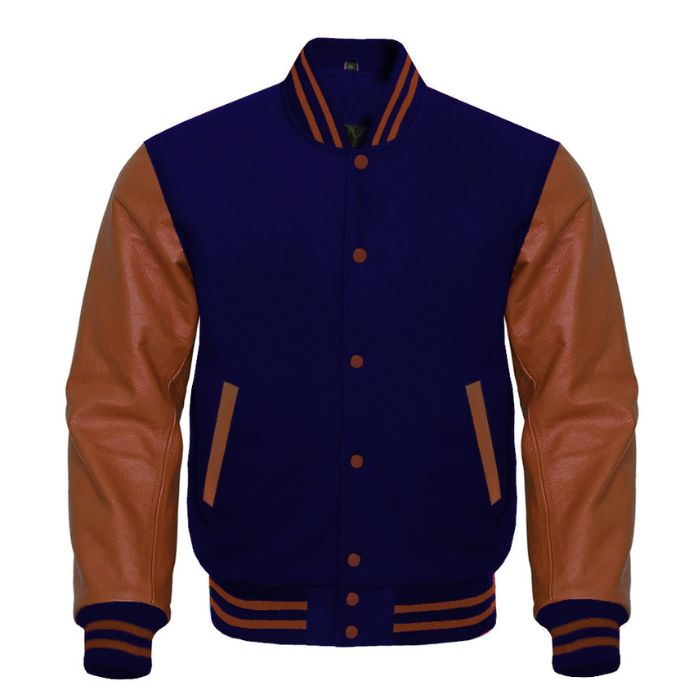 Navy Blue and Brown Varsity Jacket - Navy Wool Body with Brown Leather Sleeves
