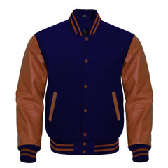 Navy Blue and Brown Varsity Jacket - Navy Wool Body with Brown Leather Sleeves