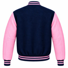 Navy Blue and Pink Wool Varsity Jacket