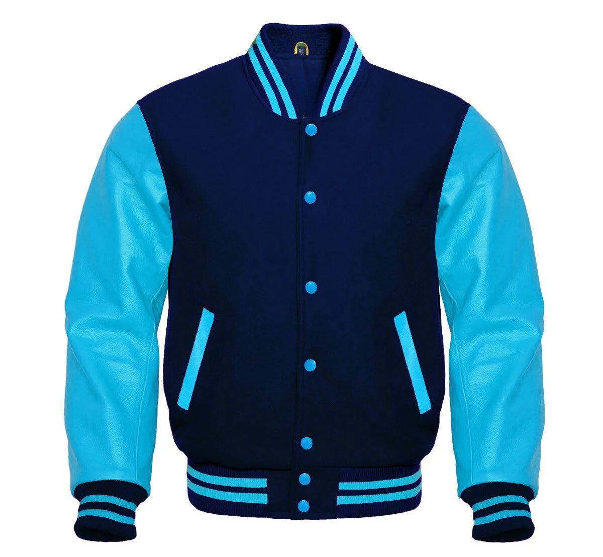 Navy and Sky Blue Letterman Jacket - Navy Wool with Sky Blue Leather Sleeves