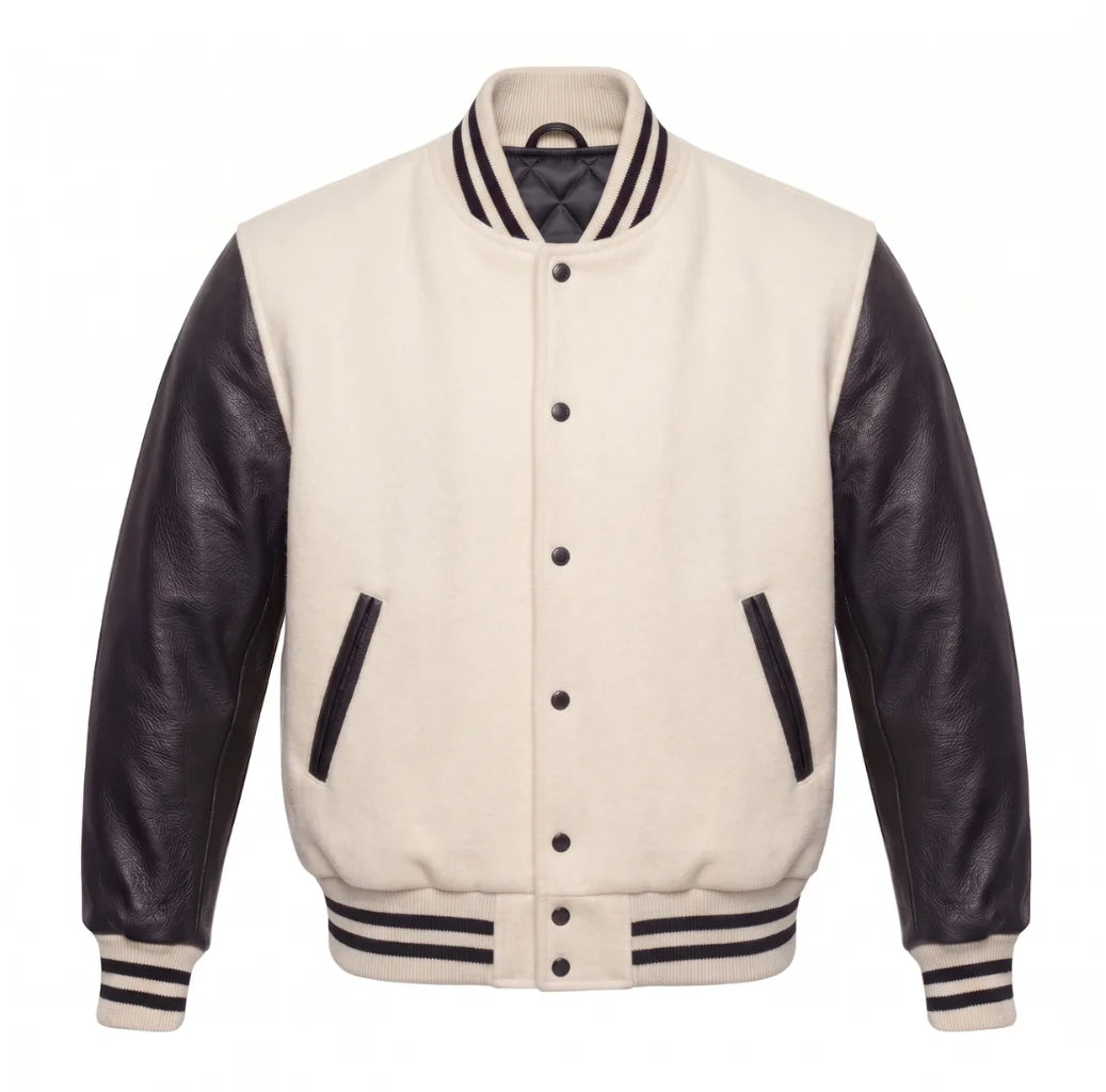 Off White and Black Varsity Jacket with Wool Body and Leather Sleeves
