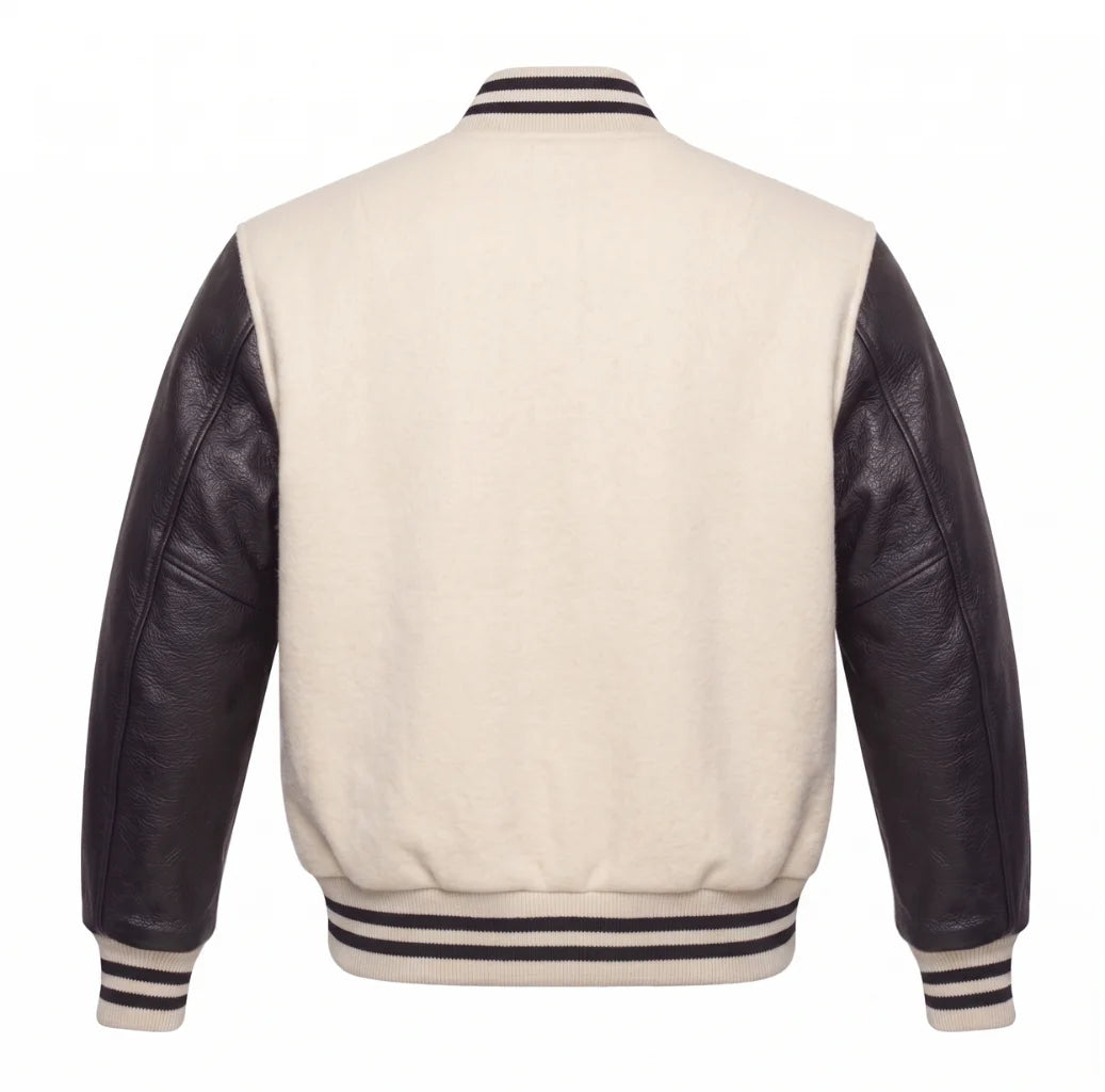 Off White and Black Varsity Jacket with Wool Body and Leather Sleeves Back View