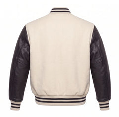 Off White and Black Varsity Jacket with Wool Body and Leather Sleeves Back View