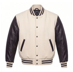 Off White and Black Varsity Jacket with Wool Body and Leather Sleeves