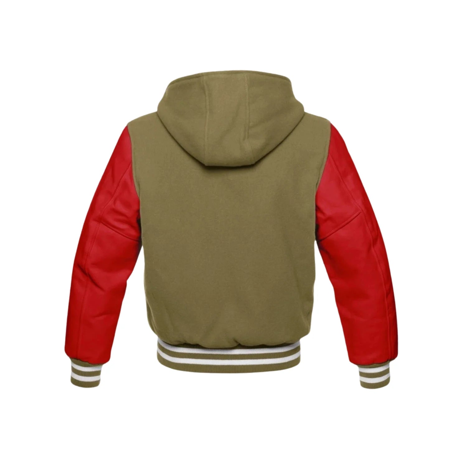 Olive Green Wool and Red Leather Hooded Varsity Jacket Back Side