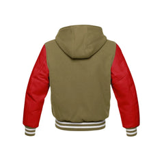 Olive Green Wool and Red Leather Hooded Varsity Jacket Back Side