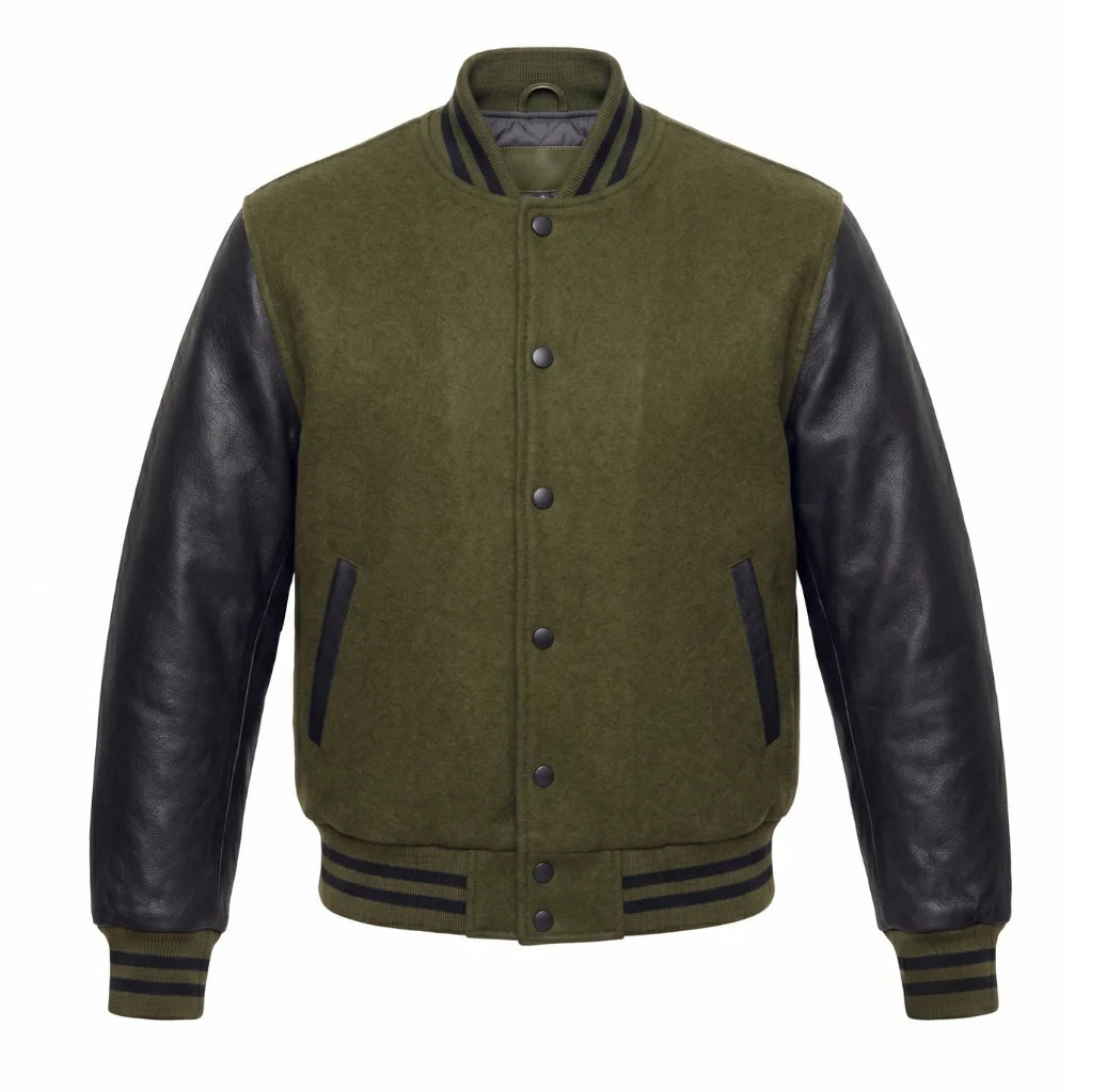 Olive Green and Black Varsity Jacket with Wool Body and Leather Sleeves