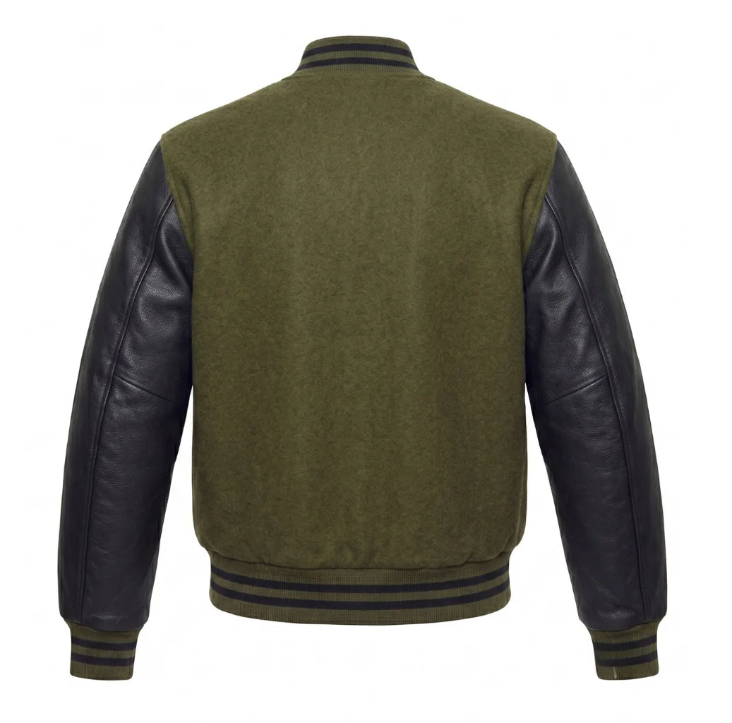 Olive Green and Black Varsity Jacket with Wool Body and Leather Sleeves Back View