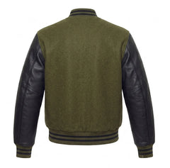 Olive Green and Black Varsity Jacket with Wool Body and Leather Sleeves Back View