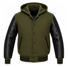 Olive Green and Black Varsity Jacket with Hood