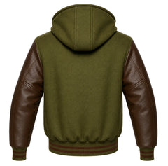 Olive Green and Brown Hooded Letterman Jacket