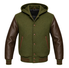 Olive Green and Brown Hooded Letterman Jacket