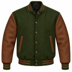 Olive Green and Brown Wool Varsity Jacket