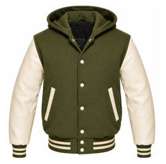 Olive Green and Cream Varsity Jacket with Hood