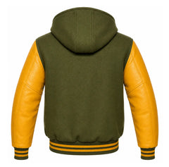 Olive Green and Gold Varsity Jacket with Hood