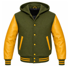 Olive Green and Gold Varsity Jacket with Hood