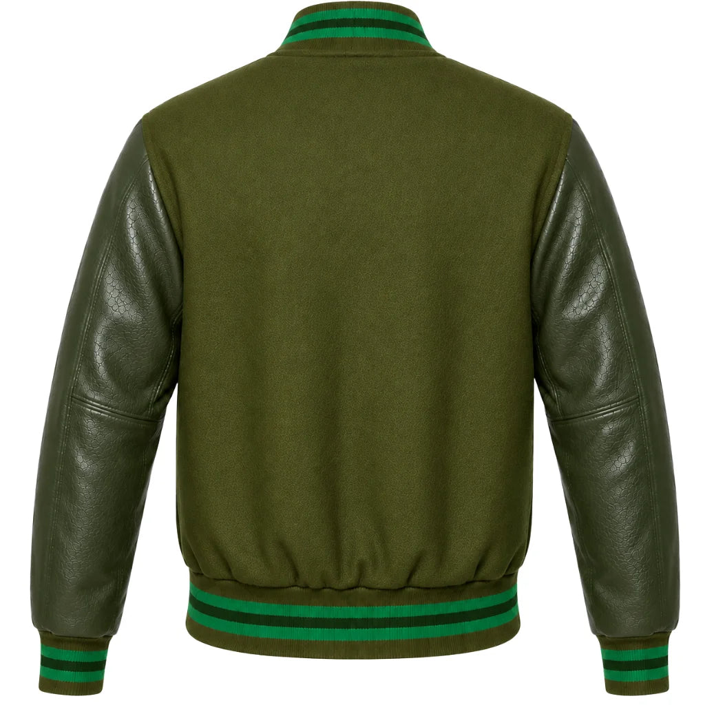 Olive green wool varsity jacket with green cowhide sleeves, back view